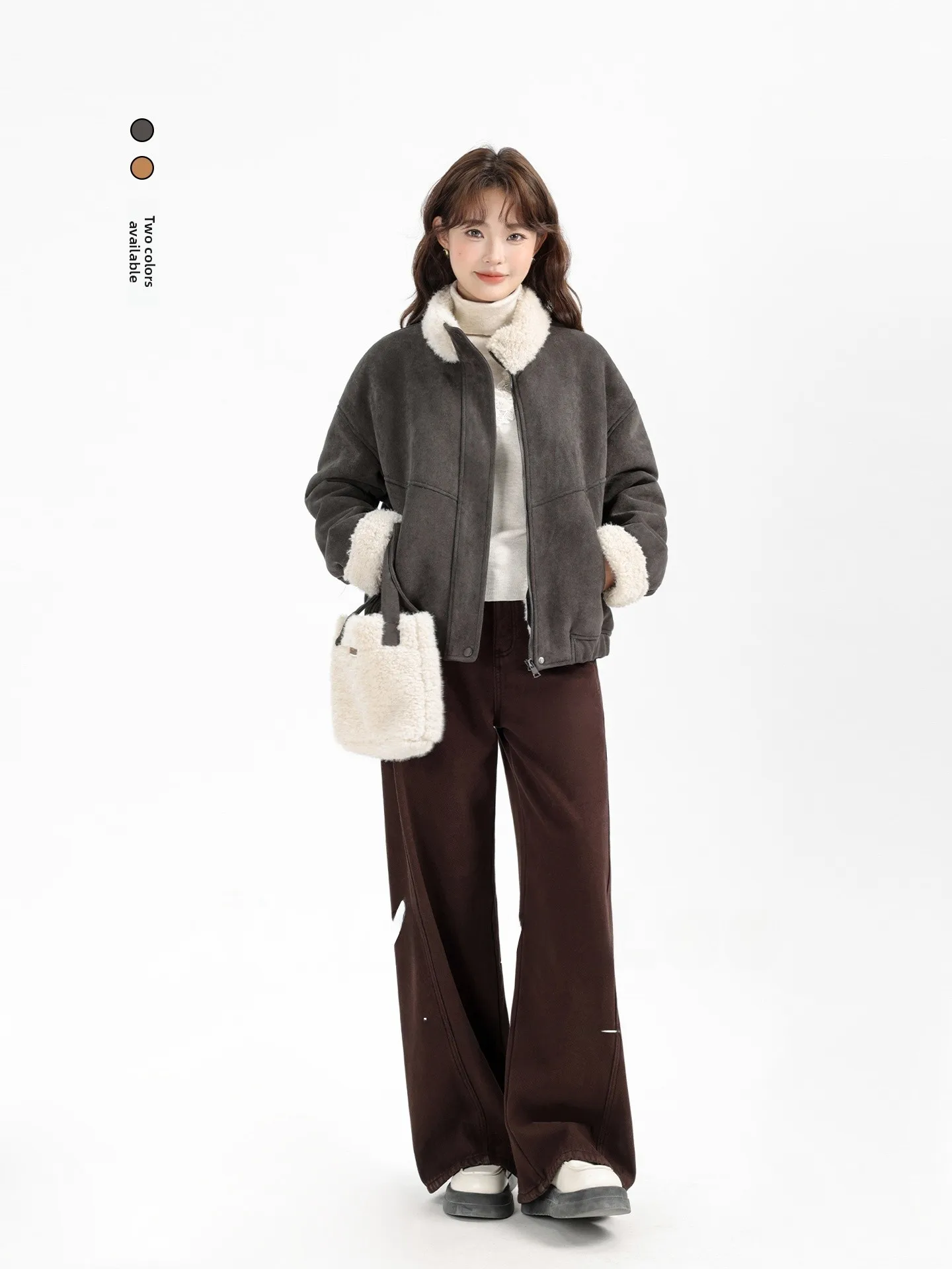 

Lamb Fur Collar Spliced ort Suede Jaet Winter New Sle Fce Lined Retro Workwear Leather Fur Inteated Jaet Cotton ...