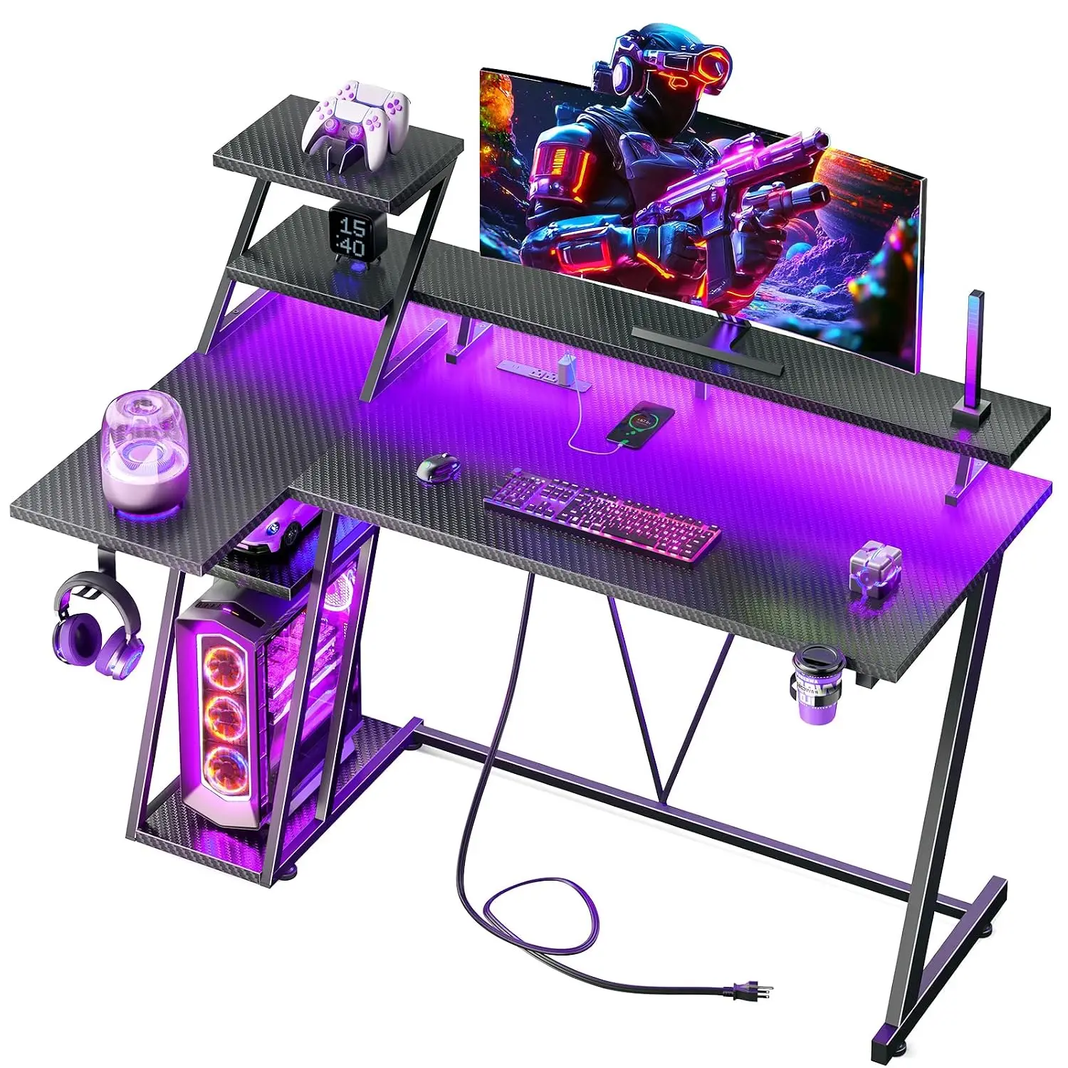 47 Inch Gaming Desk with LED & Power Outlet, Carbon Fiber, Customized