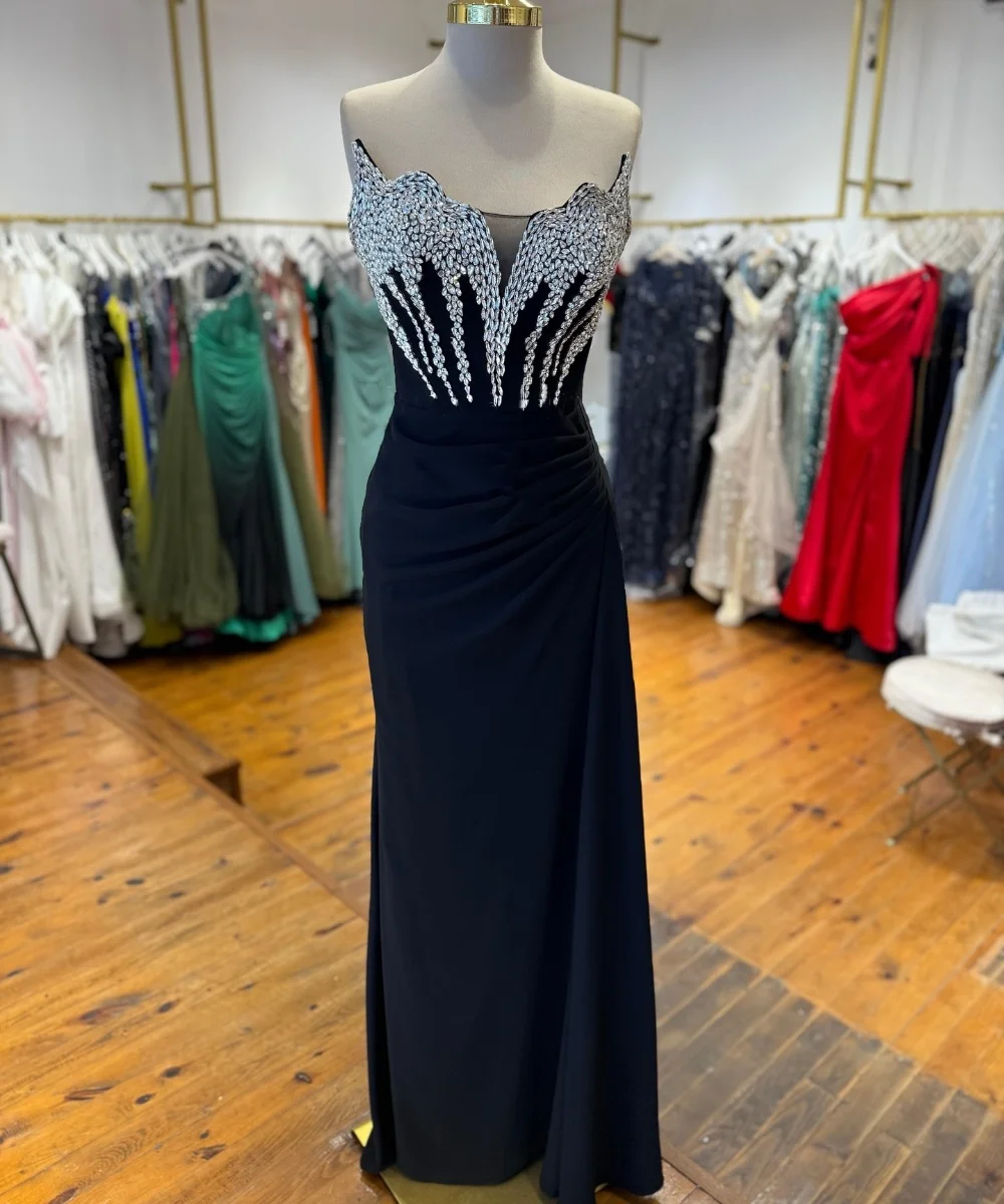 

Customized Jersey Rhinestone Pleat A-line Strapless Long Dresses Bespoke Occasion Evening Simple Exquisite