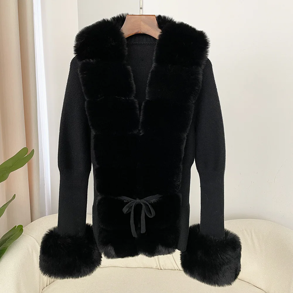 Women Faux Fur Knit Sweater Cardigan Spring Autumn Elegant Knitted Sweater with Faux Fox Fur Collar Ladies Fashion Coat Fur Coat