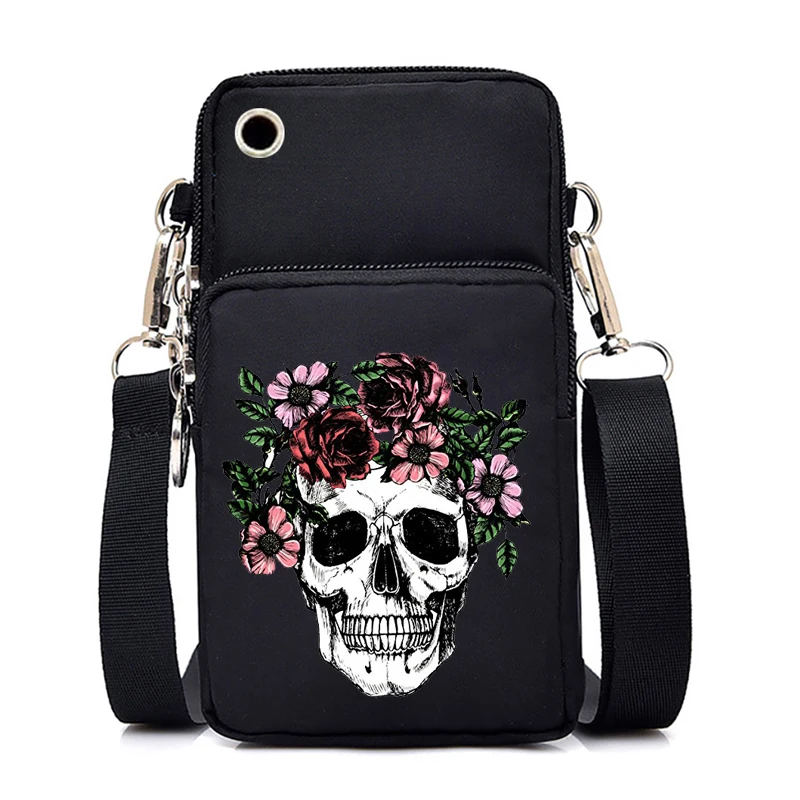 Schädel Blumen Mode Frauen Handytasche für iPhone/Huawei/Xiaomi Universal Harajuku 90er Jahre Frauen Handgelenk Geldbörse Messenger Bags