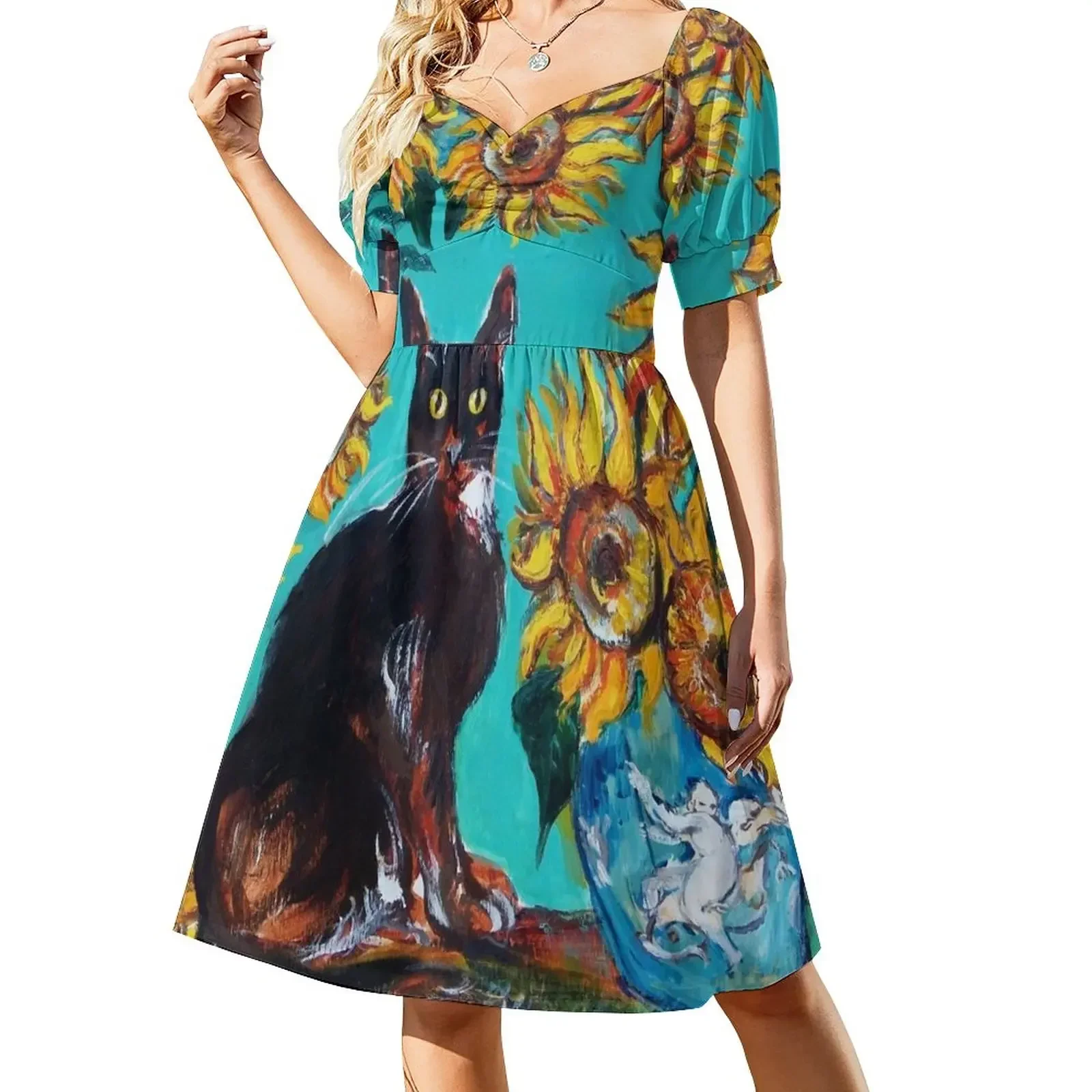 SUNFLOWERS WITH BLACK CAT IN BLUE TURQUOISE YELLOW COLORS by Bulgan Lumini Sleeveless Dress Casual dresses dress for woman Dress