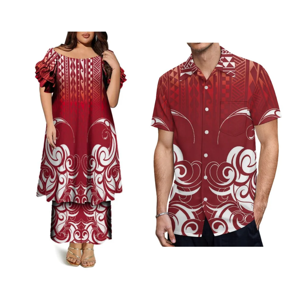 Verão puletasi personalizado casal em torno do pescoço manga borboleta dupla camada saia conjunto polinésia senhoras vestido solto camisa casual