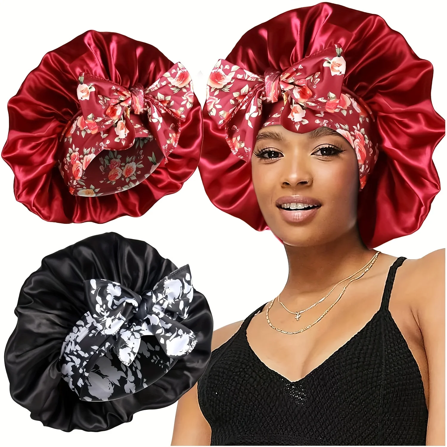 2pcs/set Elegant Satin Bonnet Flower Print Band Bowknot Sleeping Night Cap Elastic Bath Shower Cap Soft Hair Bonnets For Women G