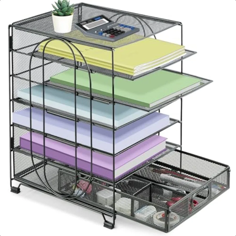 

6Tier Paper Organizer for Desk Letter Tray with Drawer Metal Mesh Desk File Letter Sorter Organizer with Sliding Tray for Offic