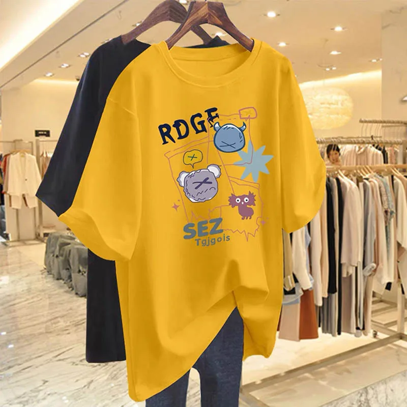 여성 의류 세련된 우아한 낙서 인쇄 티셔츠 여름 캐주얼 루즈 퓨어 코튼 반소매 티 Office Lady Basic Tops