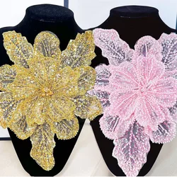 1PC Paillettes In Rilievo 3D Floreale Toppe E Stemmi di Pizzo Multi Strati Applique Abbigliamento Tessuto Materiale Per Cucire FAI DA TE Fatti A Mano Abito Da Sera Lucido