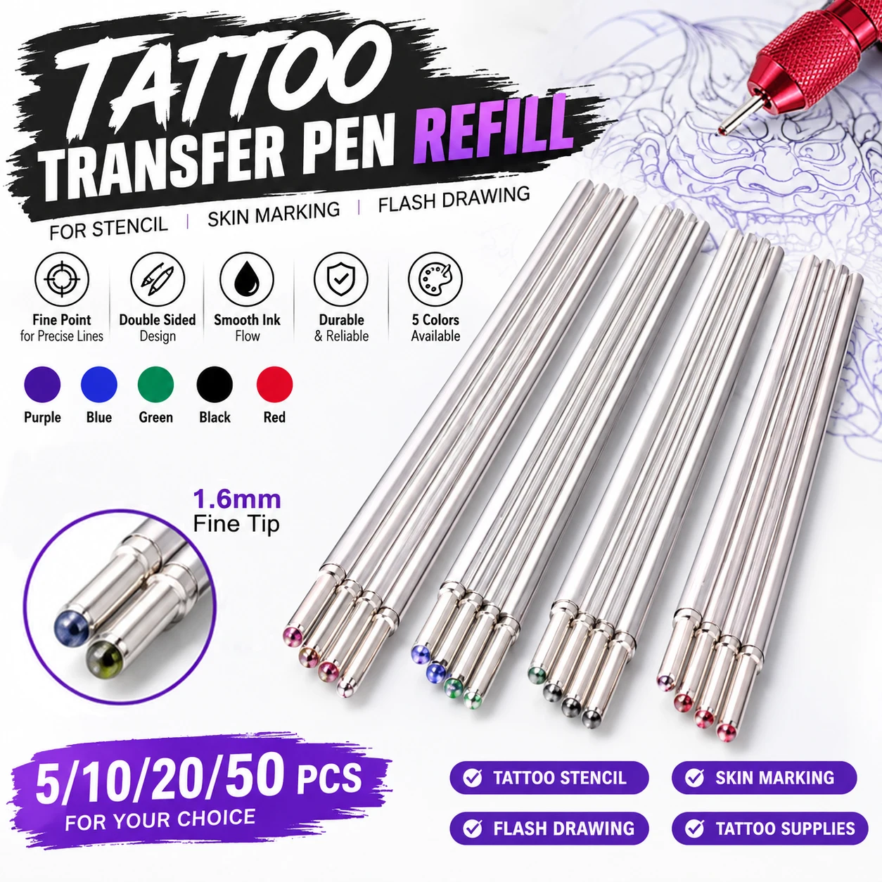 50-5pcs Tattoo Transfer Pen Refill Non-toxic Double Slider Marker Pen For Drawing Flash On Skin Tattoo Transfer Accessories