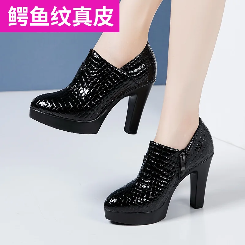 

Genuine Leather Deep Mouth Block Heel Platform Pumps Women Shoes 2023 Fall High Heels Shoes Ladies Office Shoe Black mary jane