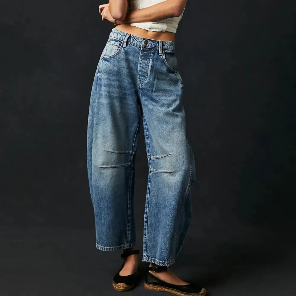 Wide Leg Baggy Jeans Stylish Women's Wide Leg Jeans with Pockets Button Placket Loose Fit Ninth Pants in Plus Size Solid for A