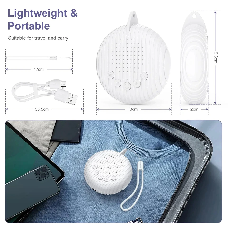 Máquina de Sonido Blanco Portátil para Dormir Bebés, 10 Sonidos Relajantes, Volumen Ajustable, Batería Recargable Integrada, USB