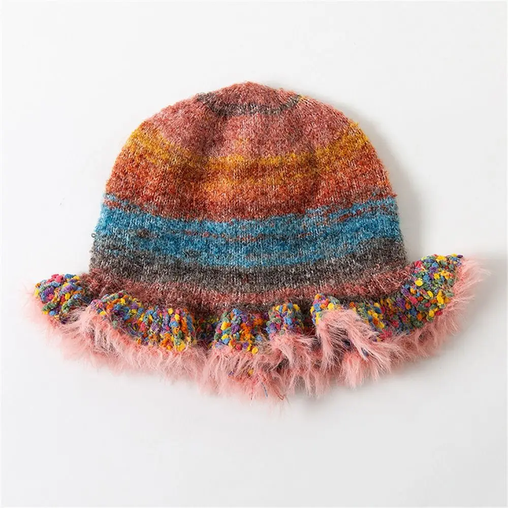 Fashion Crochet Knitted Knit Buket Hat Rainbow Stripe Winter Warm Soft Woolen Hat Beanie Cap Autumn