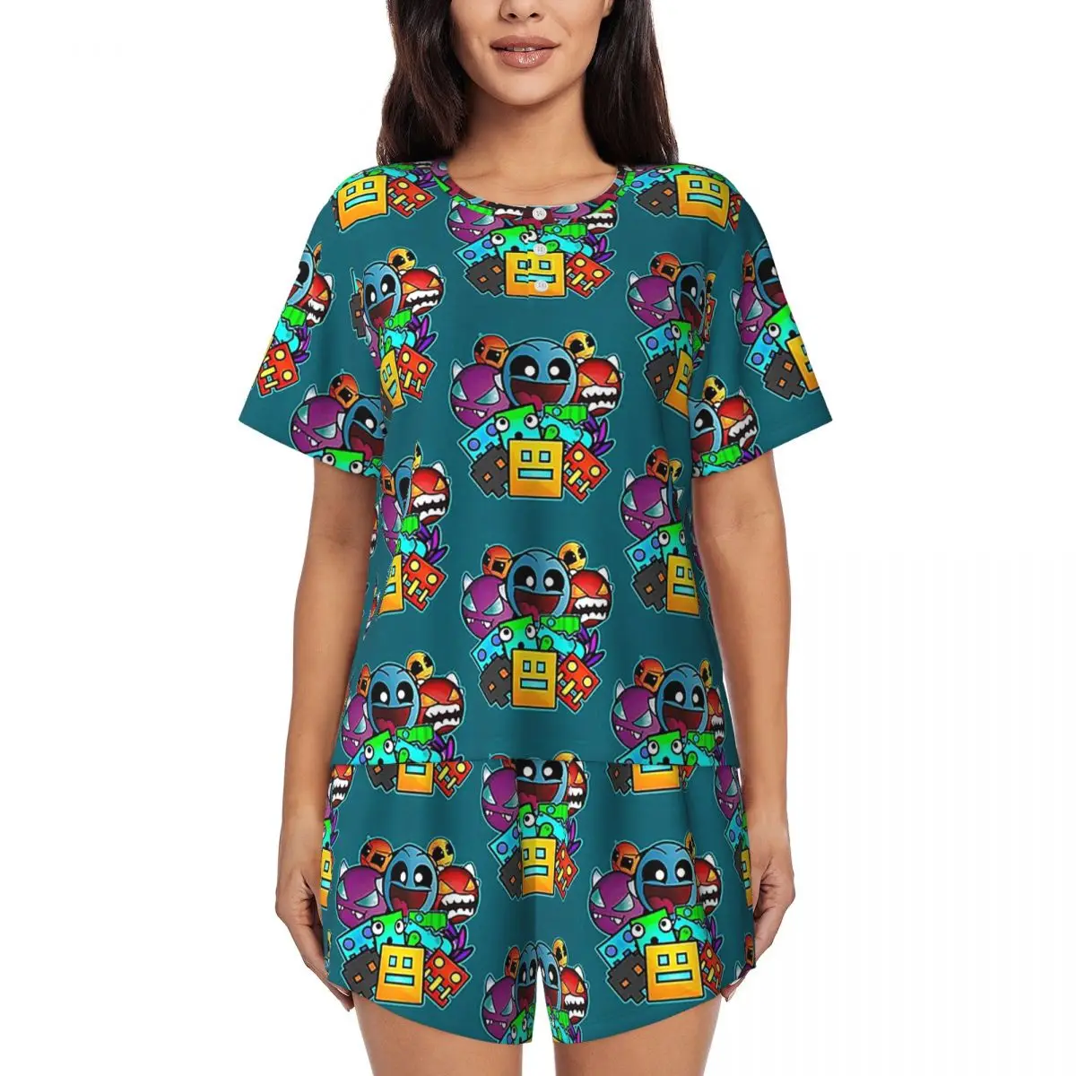 

Video Game Geometry Dash Round Neck Short Sleeves Nightdress for Sleeping Sleepshirts Women Loose Pajama Set Short Pants