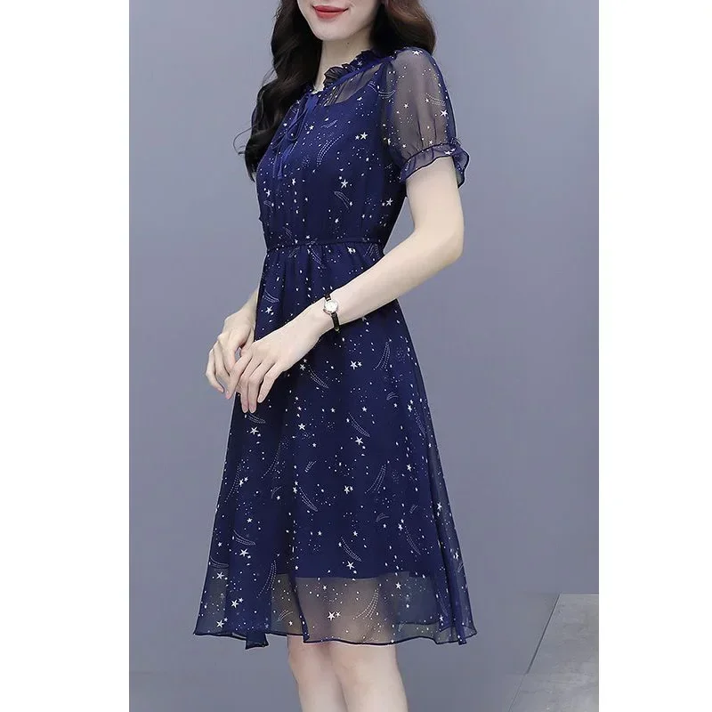 Elegant Ruffles Loose Folds Lace Up Bow Floral Dress Women\'s Clothing 2024 Summer New Short Sleeve Office Lady Mini R280