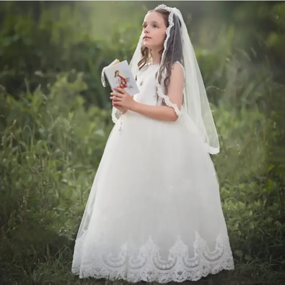 

Lvory Flower Girl Dresses For Wedding Appliques Floor Length Simple Elegant Kids Bridesmaid First Communion Prom Gown