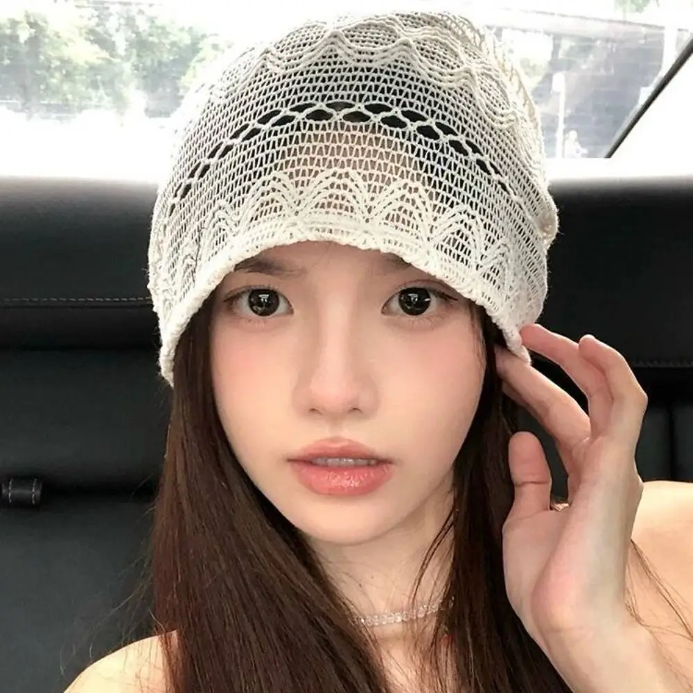 Breathable Hollowed Out Knitted Hat Lace Flowers Beret Cap Summer Fashion Skullies Hat for Women