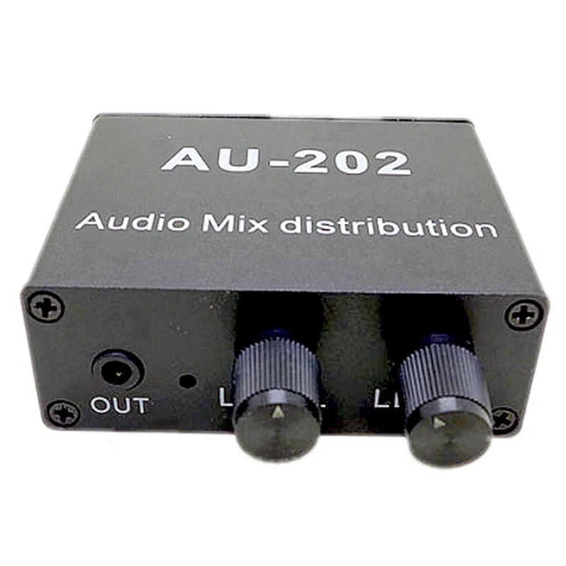 New-5X AU-202 Distributore audio mixer stereo a 2 ingressi e 2 uscite per cuffie Alimentazione esterna AMP Controllo del volume da solo