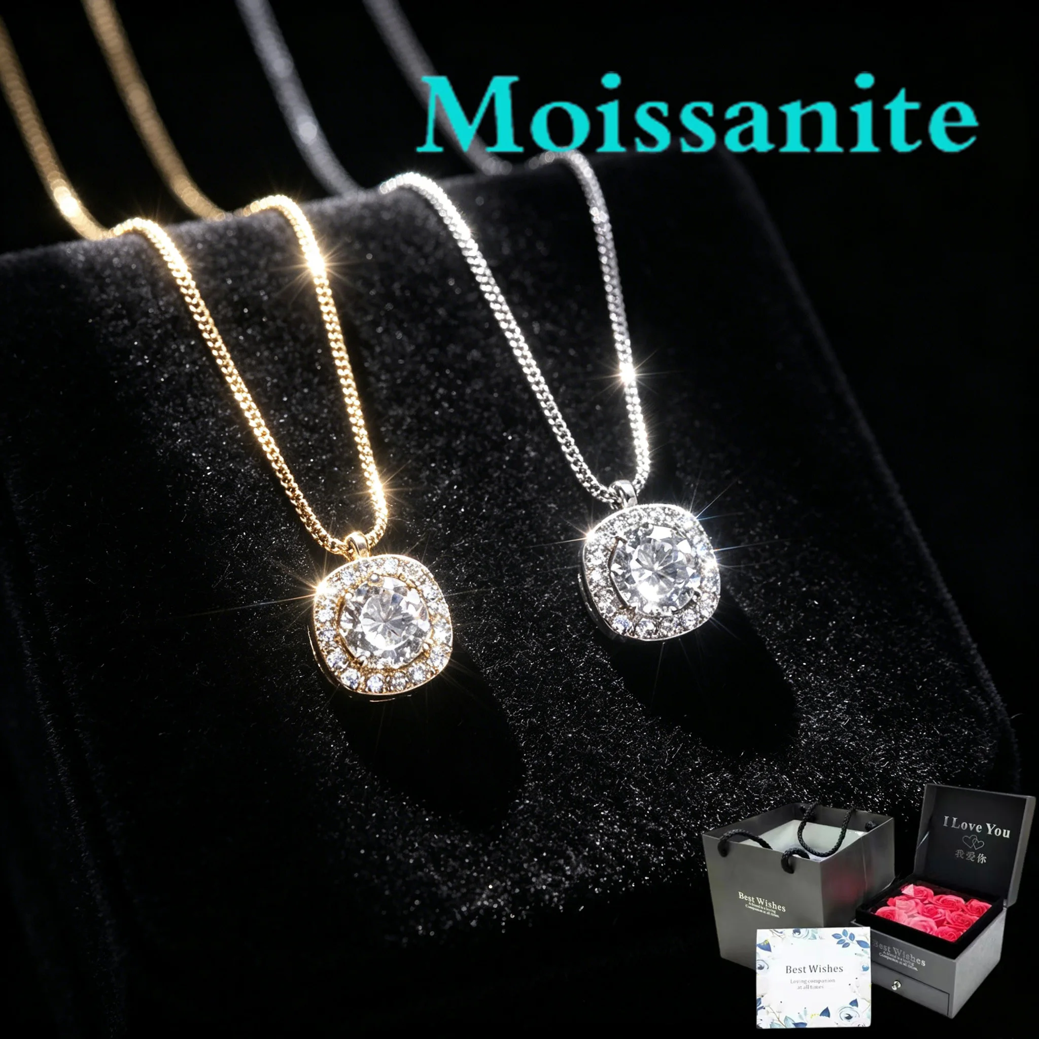 

S925 pure silver square diamond-set Moissanite necklace - fashionable, exquisite, high-end for women