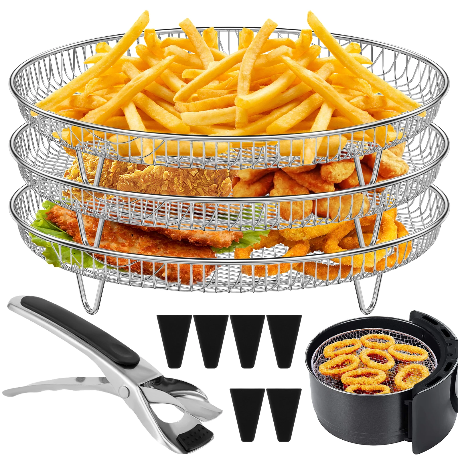 

New 5Pcs Air Fryer Rack Set with Heightening Feet Stainless Steel Air Fryer Dehydrator Rack with Clip Reusable Air Fryer