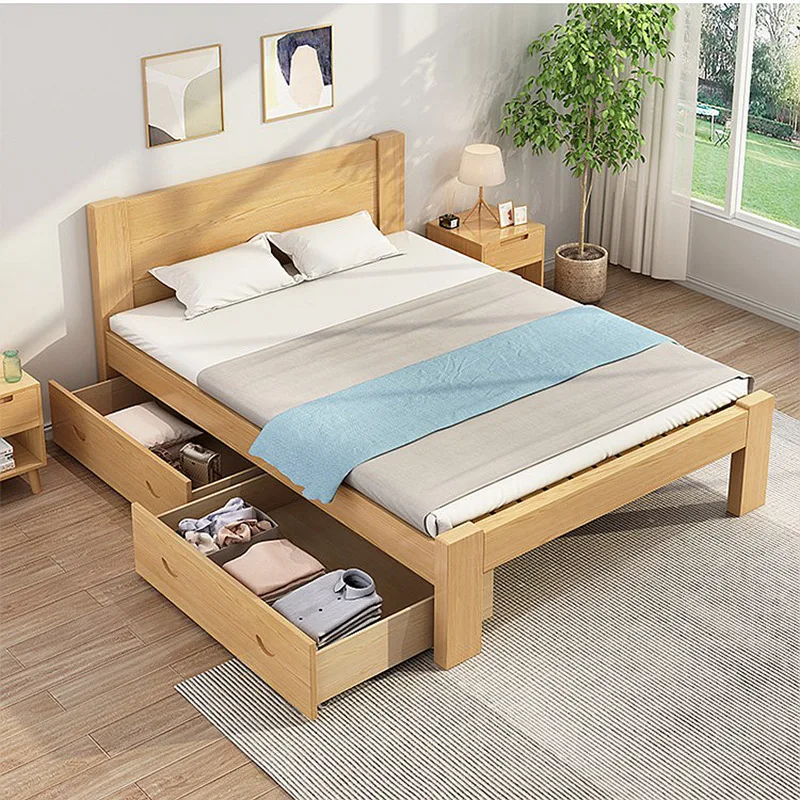 

Thickened solid wood bed, modern minimalism, pine high feet, double bed