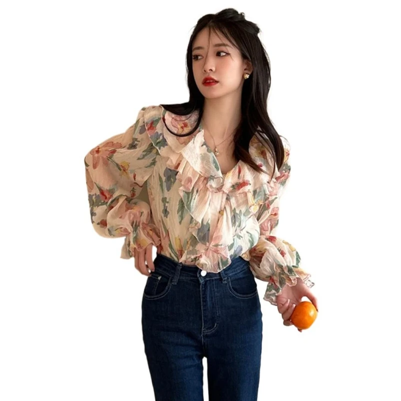 Spring Rayon Design Sense Floral Print Lovely Sweet Double-layer Ruffled Lantern Sleeve Lightweight  Elegant Chic Tops Blouses