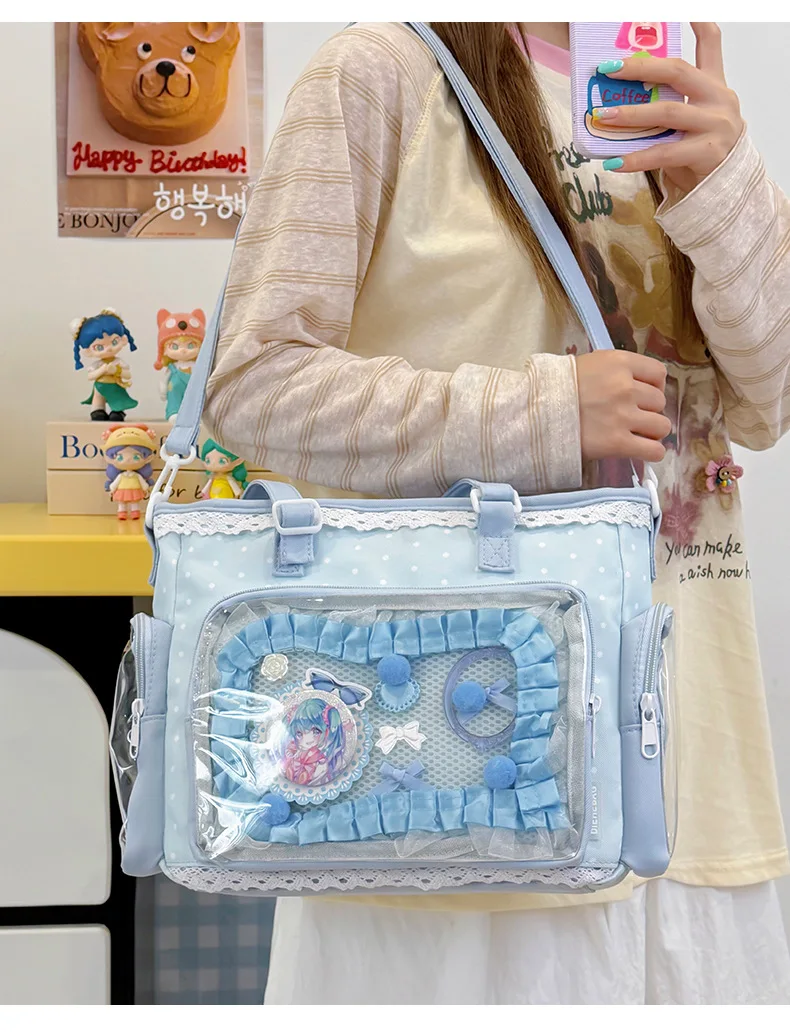 Neue Kawaii Leichte Umhängetasche Anime Transparente Ita-Tasche Damen Schulter-Crossbody-Tasche Modische Polka-Dot-Schleifen-Tragetasche – Detail 22
