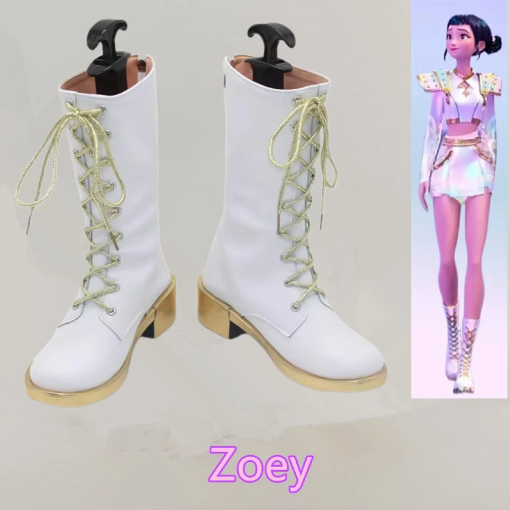 

Kpop Demon Hunters Zoey Cosplay Costume Shoes Handmade White Faux Leather Boots