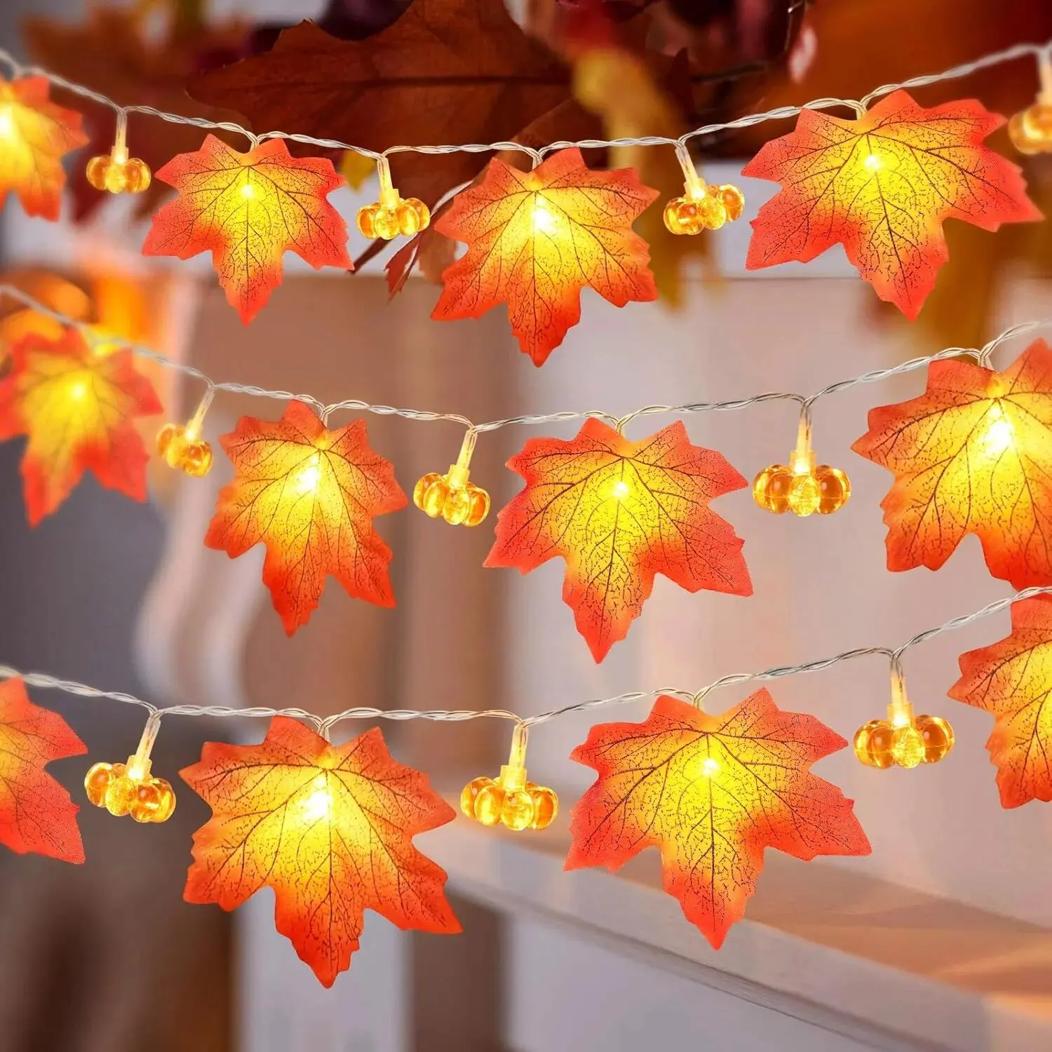 59in/118in Halloween Pumpkin Maple Leaves String Lights 10/20LED Battery Powered Fairy Lamps Home Thanksgiving Room Party Decor