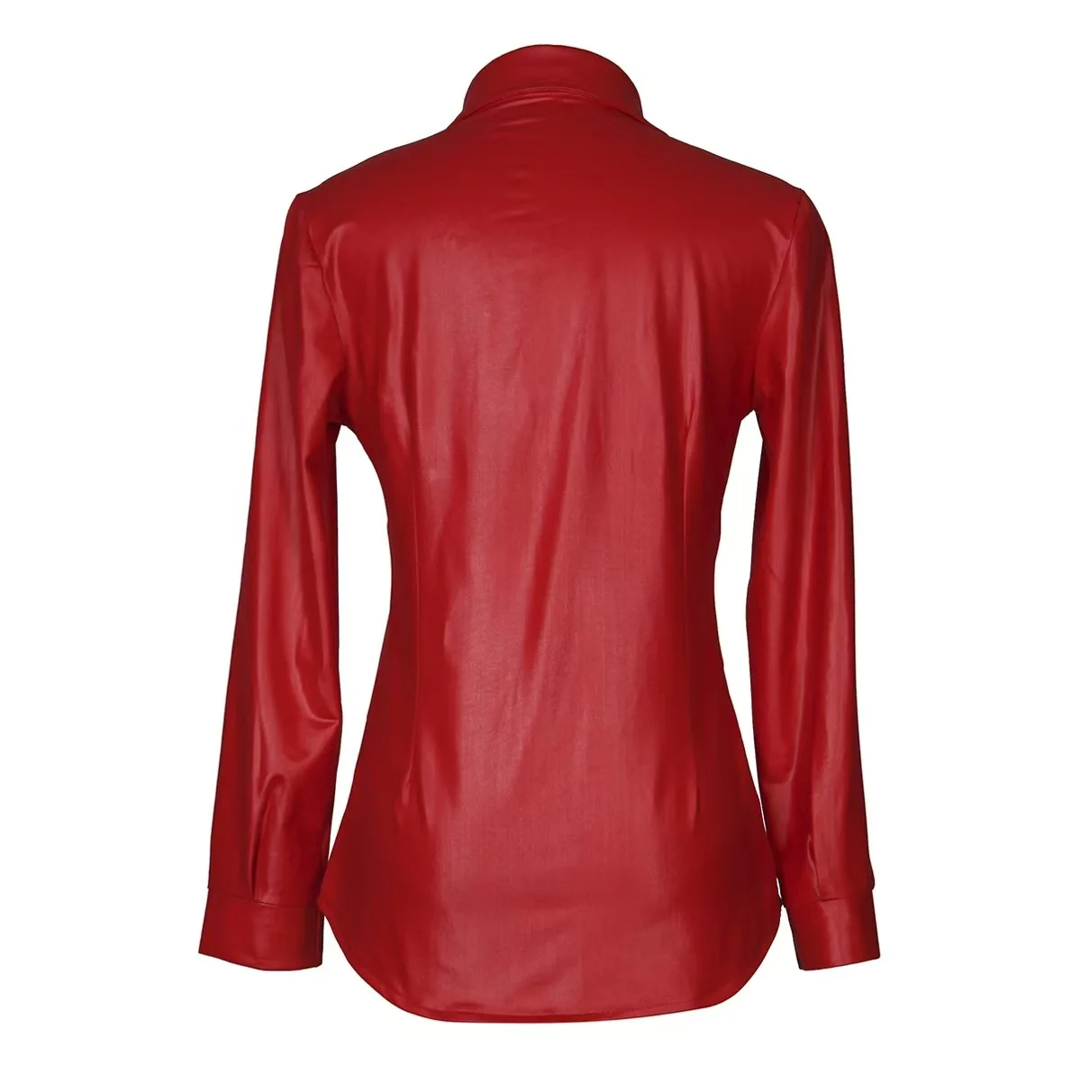 Premium Faux Leather Button Up Shirt for Women - Long Sleeve, Lapel Collar, Chest Pockets, Slim Fit Blouse In Multiple Colors