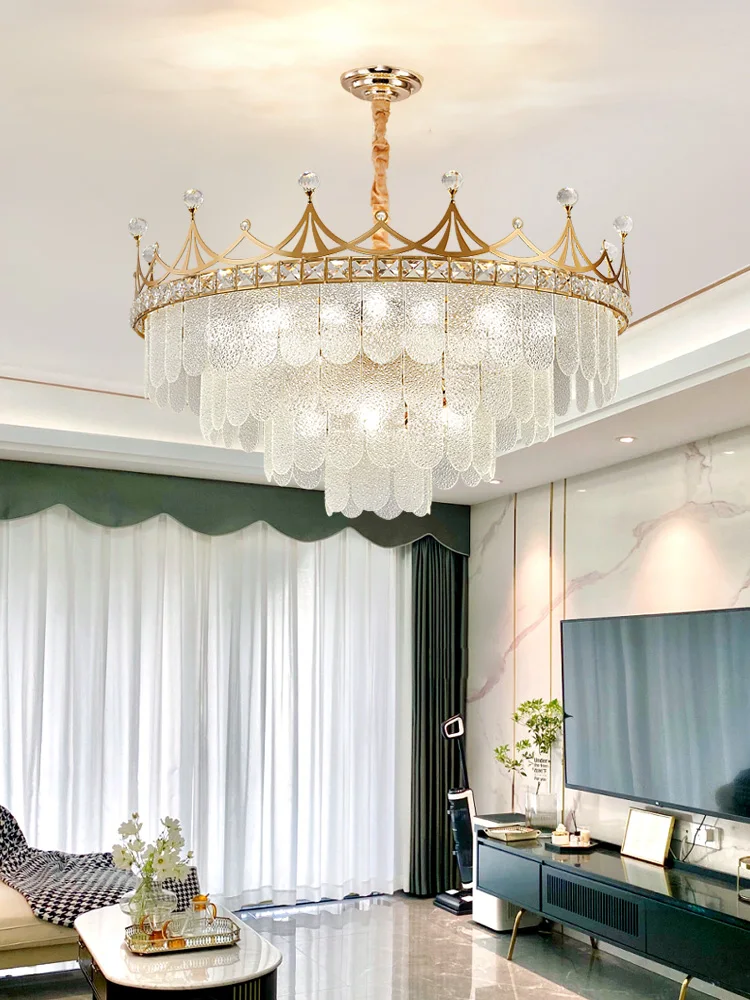 

New Modern Minimalist Light Luxury Living Room Lamp Round Golden Crown K9 Crystal For Bedroom Living Room Suspended Chandelier