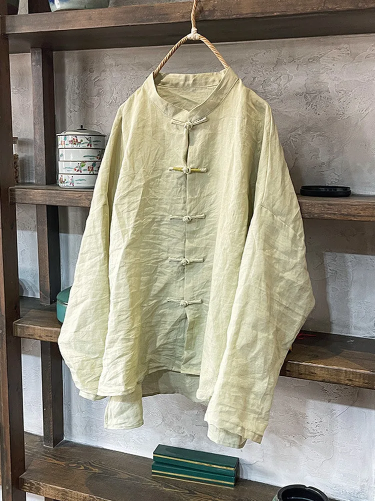 New Chinese Style Cotton Linen Shirt Young Girl Retro National Style Top Girl's Loose Fit Long Sleeve Stand Collar Button up