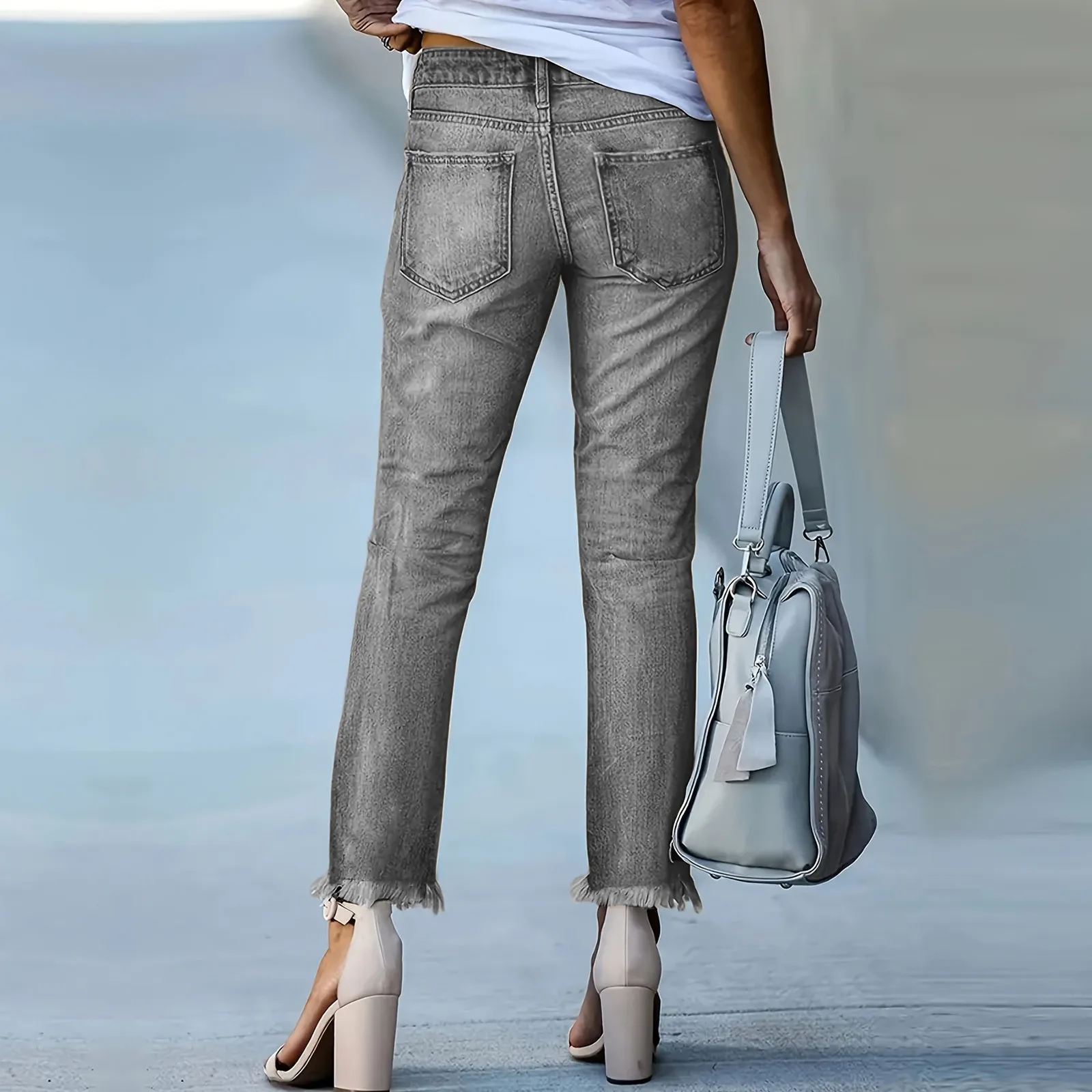 

Укороченные джинсы женские Raw Повседневная талия Дизайн края Высокие темно-синие брюки средней длины Ленивый стиль Повседневная одежда для поездок на работу Узкие брюки