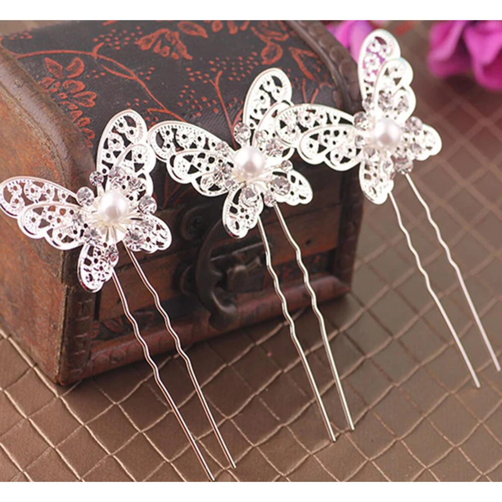 

12PCS Butterfly Hair Clip U Shape Hairpin Rhinestone Bride Bridal Stick Shaped Clips Diamond Wedding Accessories