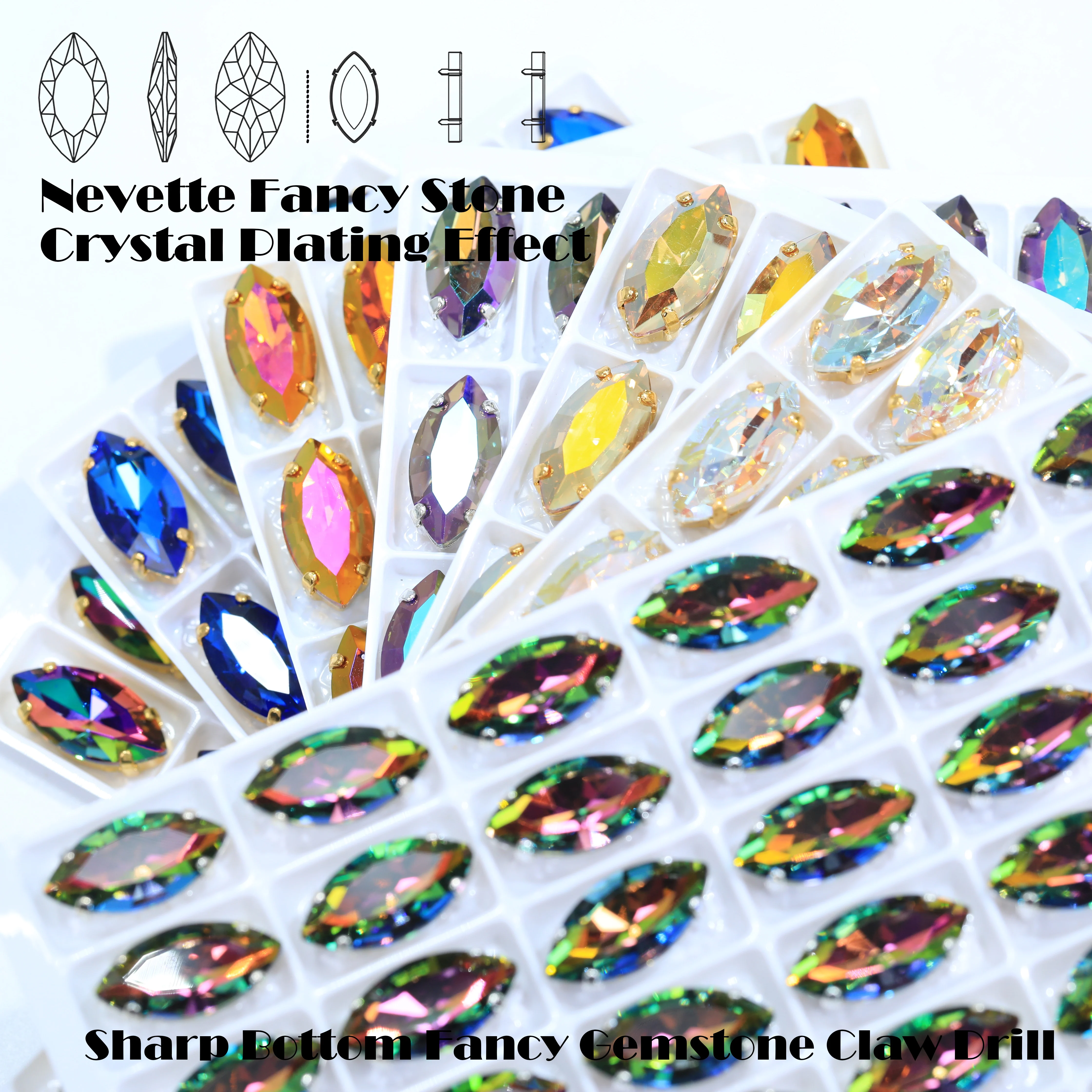 Strass Brilhantes em Formato de Olho de Cavalo, Cristais de Vidro de Alta Qualidade com Base de Garra para Costurar, Revestimento Branco para Bolsas, Sapatos, Capas de Celular e Roupas DIY