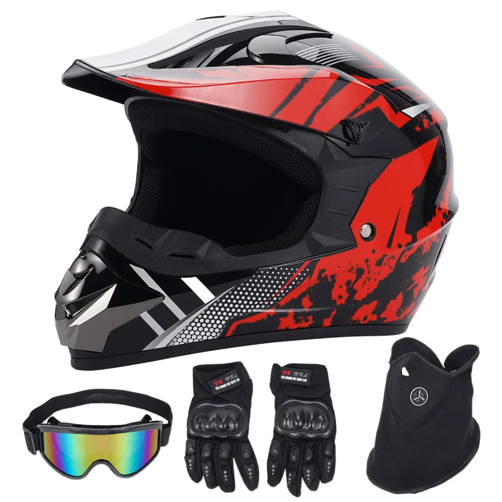 

Стильный красно-черный мотоциклетный шлем для взрослых, сертифицированный DOT, с защитными очками, перчатками и защитой шеи, подходит для бездорожья.