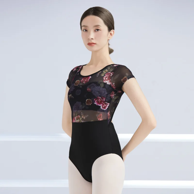 Women Ballet Leotards Backless Short Sleeve Floral Printing Patchwork Leotard Adult Girls Skate Pole Dancing Bodysuit
