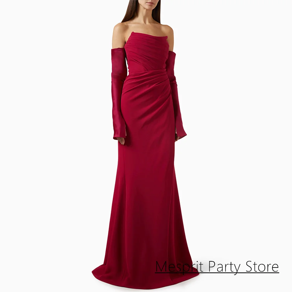 

Simple Arabic Mermaid Evening Dress for Woman Customized Strapless Detachable Long Sleeves Pleat Sweep Train Prom Gown