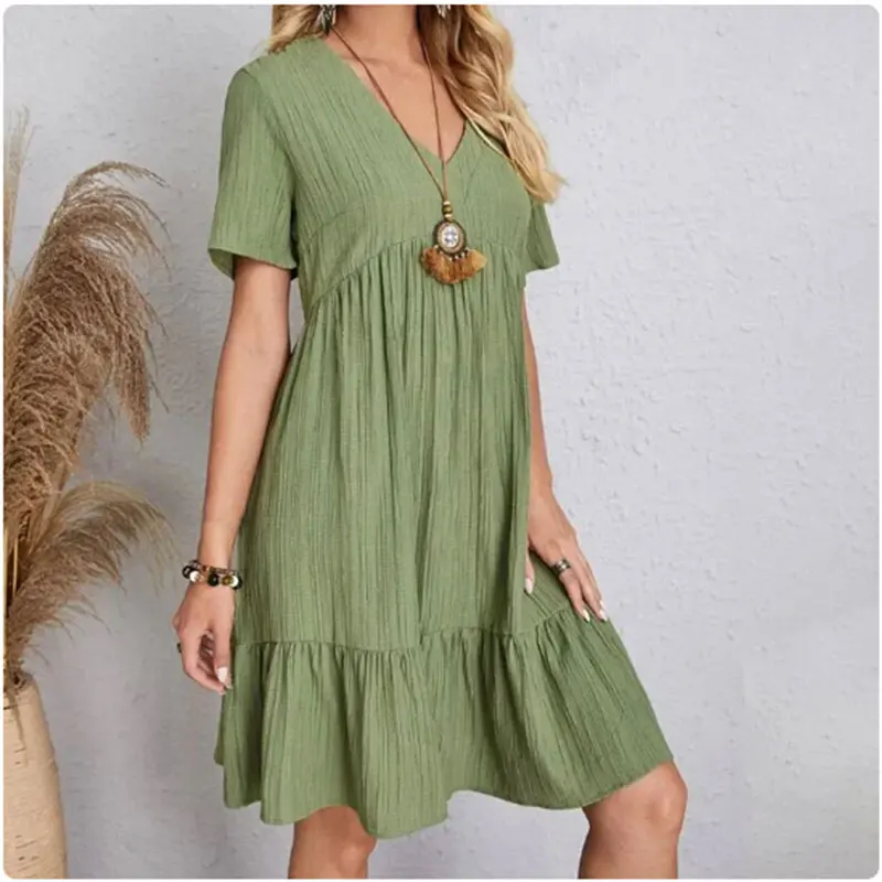 Vestido de verano para mujer con peplum, escote en V, manga corta, cintura suelta, volantes, corte evasé, para vacaciones 2