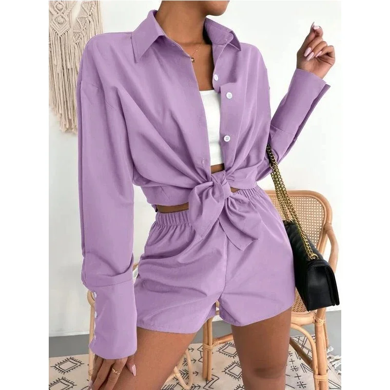 

2023 Summer Long Sleeve Button Blouse 2-piece Set Female Outfits Casual Shirt and Shorts Set Women Vintage Two Pieces Suit 26310