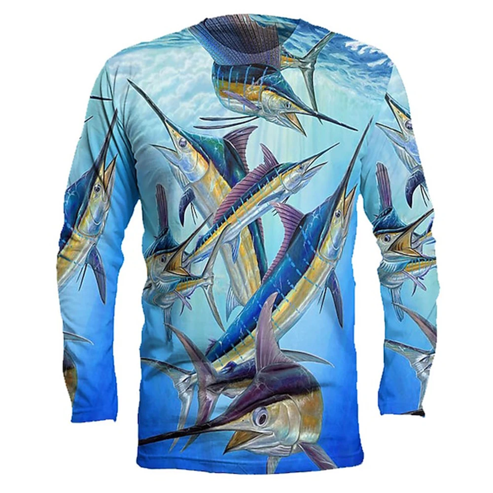 

Men's outdoor fishing T-shirt, long sleeved shirt, 3D underwater fish pattern, casual and fashionable, round neck