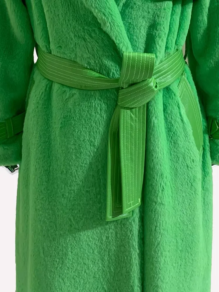 Mauroicardi Autunno Inverno Verde Caldo Morbido Soffice Pelle Pu Patchwork Cappotto di Pelliccia Sintetica Donna Telai Piano Lunghezza Cappotto di Pelliccia Finta