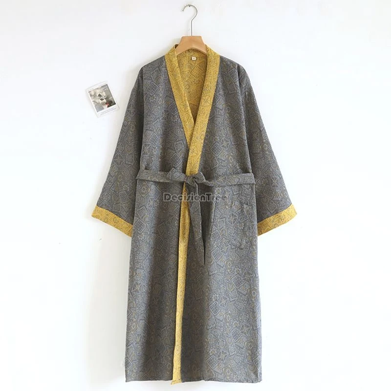 

2025 japanese-style pure cotton jacquard bathrobe men loose style nightgown spring and autumn cross collar lace-up pajamas tobe