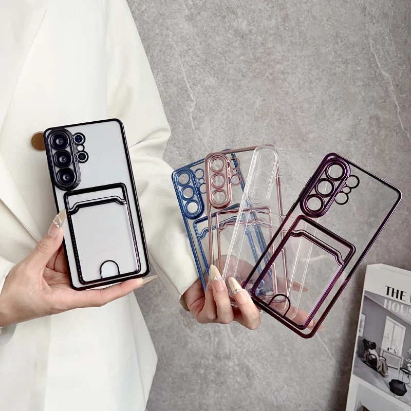 Funda transparente de borde cromado con ranura para tarjeta y billetera, suave y de alta definición para Samsung Galaxy S26 Ultra S24 S23 S25 Ultra Plus 6