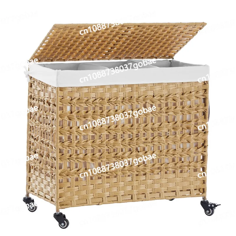 Natural rattan laundry basket, hand-woven, foldable, with cloth lining, movable pulley, and sliding wheels for laundry storage