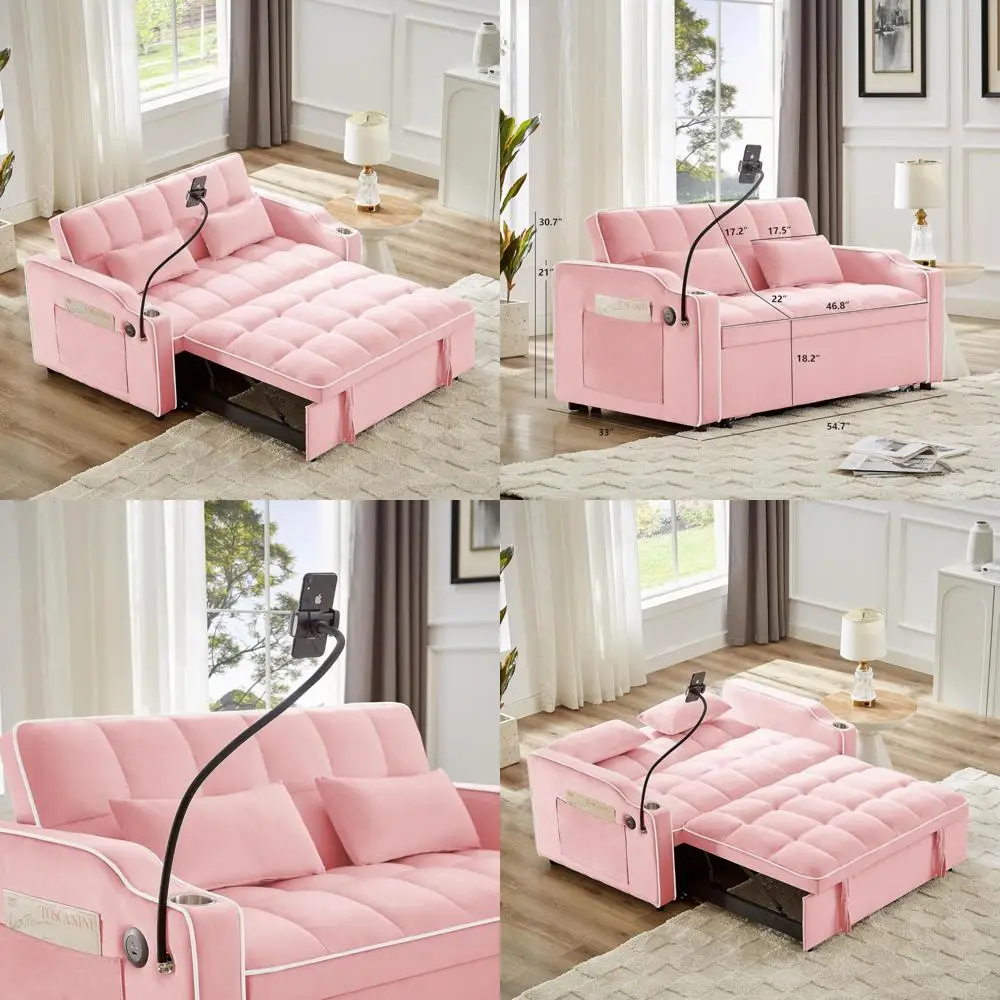 أريكة سرير مستقبلية قابلة للطي مع منافذ USB، نائمة بمقعدين مخملي، حامل هاتف دوار، أريكة فوتون حديثة لـ Sl المريح #1