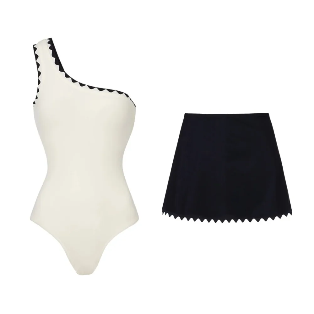 Vintage White Black Patchwork Swimwear Skirt Sets Women One Shoulder Tummy Control One Piece Swimsuit Beach Bathing Suits 2026