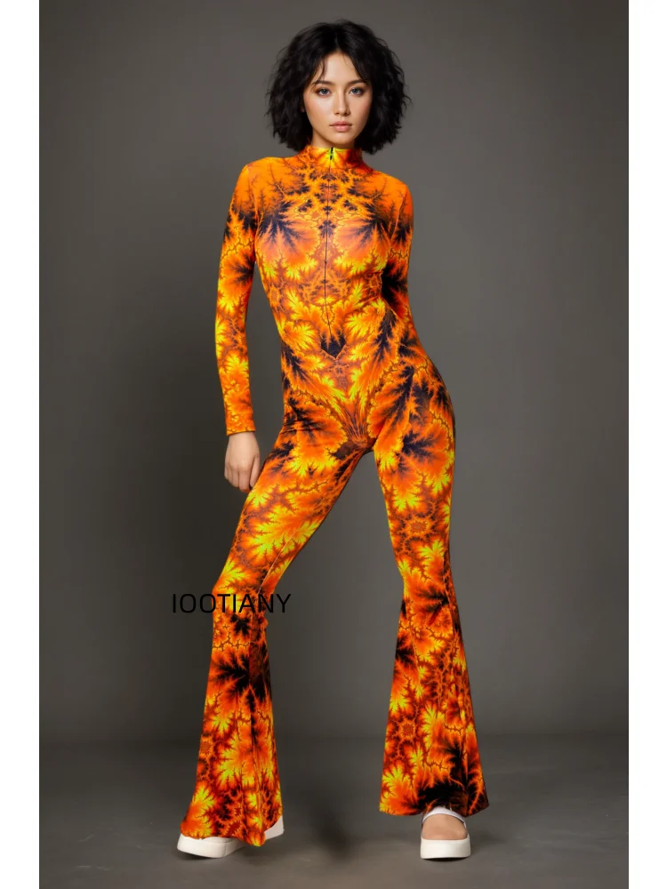 Damen Retro Orange Flammen-Jumpsuit für Musikfestivals, Bühnentanz, Halloween-Party, Cosplay, Bodysuit mit schmal geschnittenen Schlaghosen – Detail 4
