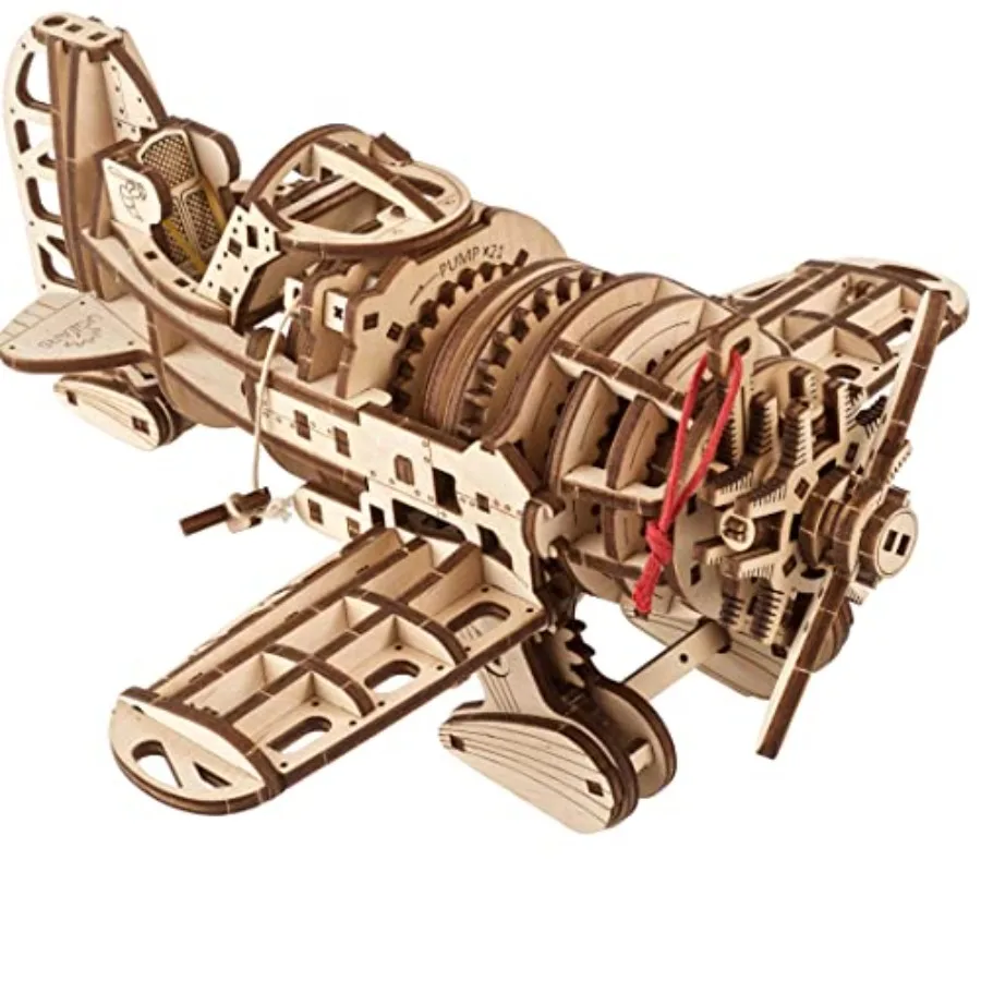 Wooden airplane model kit for display and hobby use, made of natural wood, brown color, with wind-up helical spring motor and v