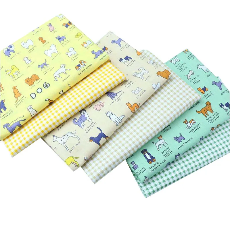 Cartoon Cute Yellow Camel Green Dog Club Lattice Check 100% Cotton Fabrics Tissue Textile for Kids Sheet Cushion Decor Clothes