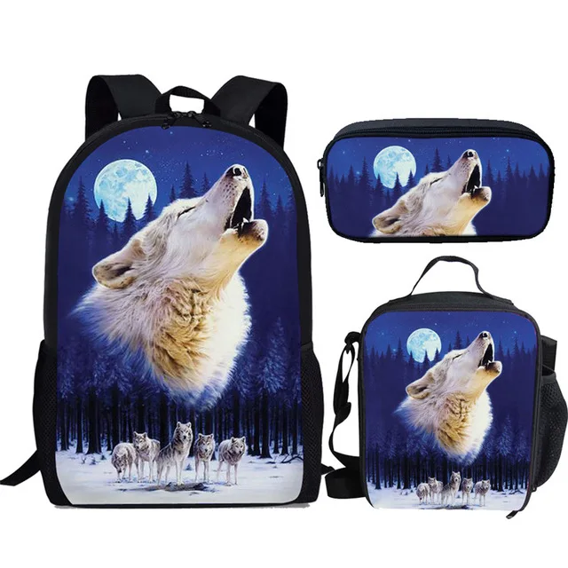 Harajuku Novelty Funny Moon Wolf 3pcs/Set Backpack 3D Print School Student Bookbag Anime Laptop Daypack Lunch Bag Pencil Case